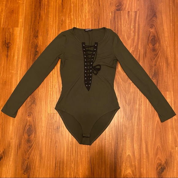 Fashion Nova Olive Green Lace Up Bodysuit - Picture 2 of 6